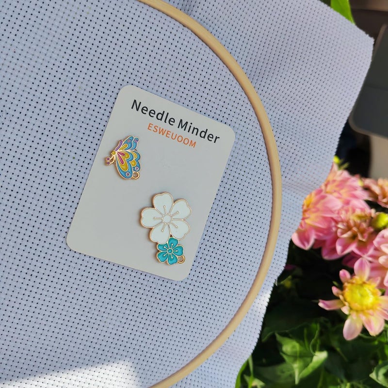 ESWEUOOM 2 Pieces Flower Butterfly Needle Minders, Women Magnetic Needle Nanny Keeper, Cute Cross Stitch Embroidery Needlepoint Needlework Accessories Set for Sewing Needle and Pin Holders (Blue) - Image 3